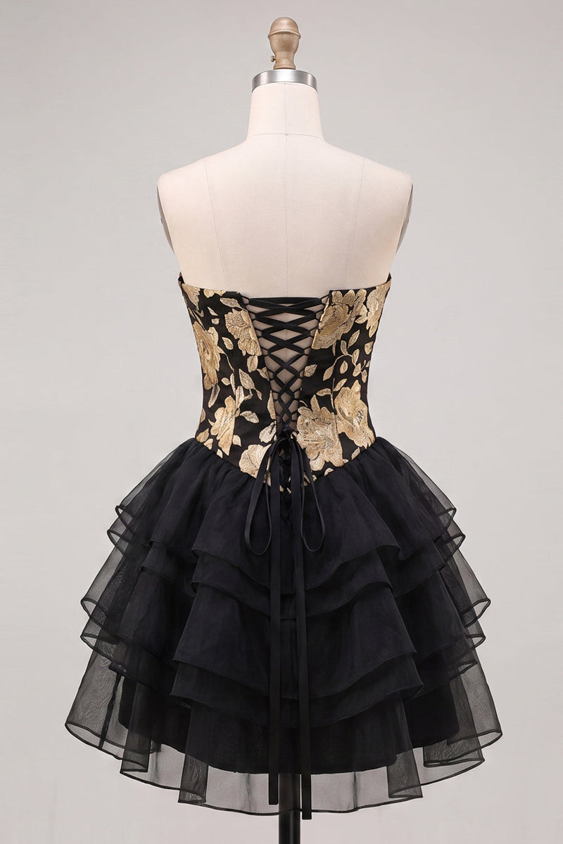 Load image into Gallery viewer, Yellow A Line Strapless Floral Short Cocktail Dress with Ruffles