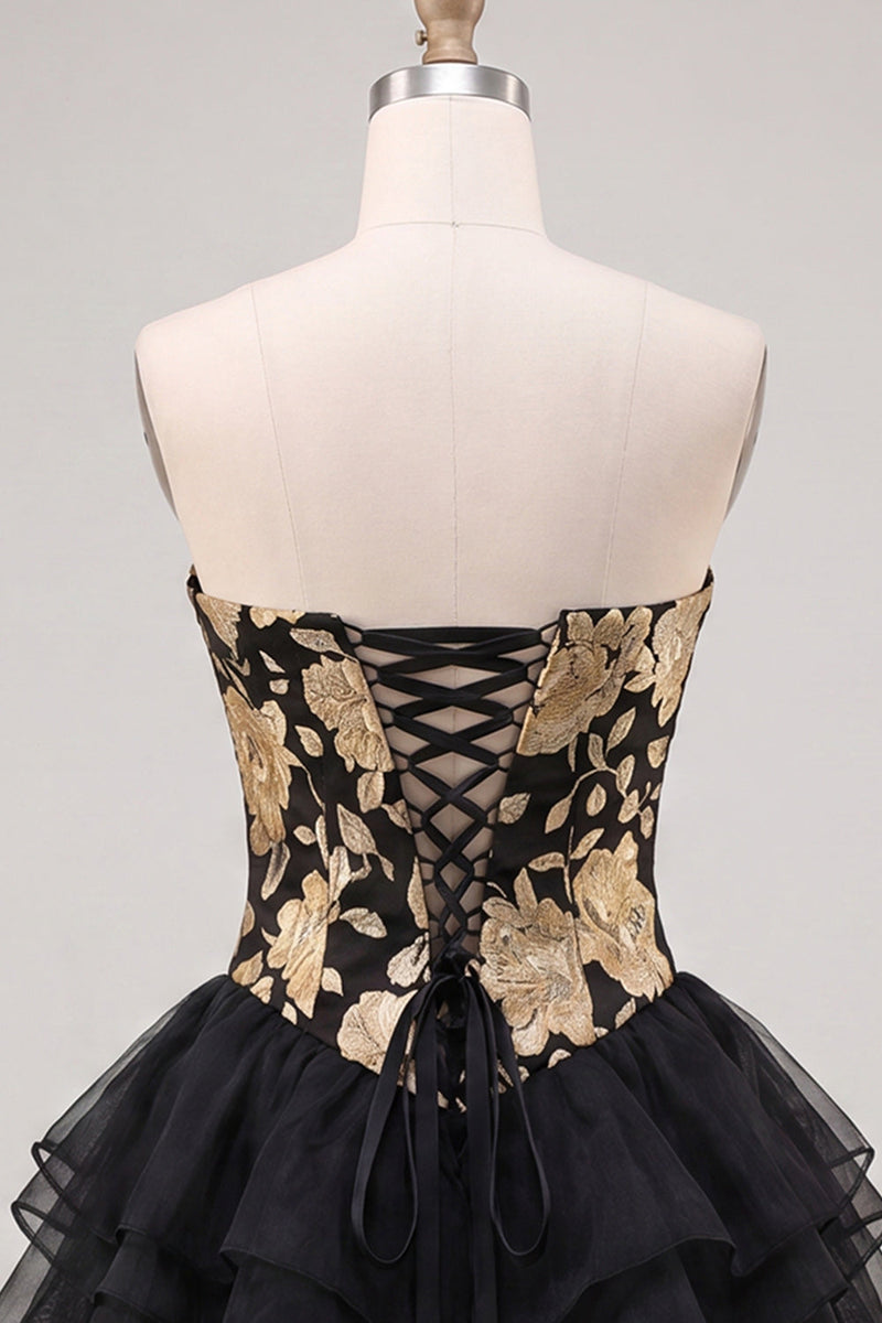 Load image into Gallery viewer, Yellow A Line Strapless Floral Short Cocktail Dress with Ruffles