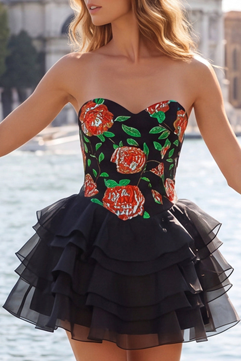 Load image into Gallery viewer, Yellow A Line Strapless Floral Short Cocktail Dress with Ruffles