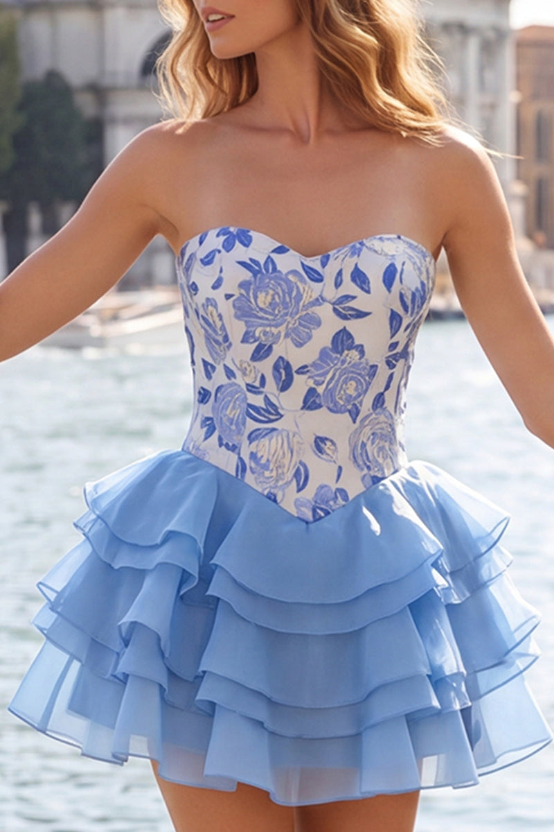 Load image into Gallery viewer, Yellow A Line Strapless Floral Short Cocktail Dress with Ruffles
