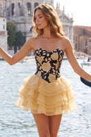 Load image into Gallery viewer, Yellow A Line Strapless Floral Short Cocktail Dress with Ruffles
