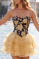 Load image into Gallery viewer, Yellow A Line Strapless Floral Short Cocktail Dress with Ruffles