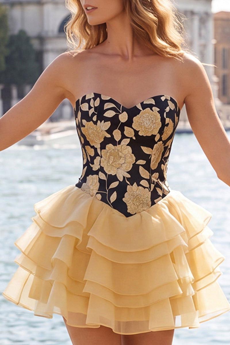 Load image into Gallery viewer, Yellow A Line Strapless Floral Short Cocktail Dress with Ruffles