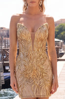 Load image into Gallery viewer, Gold Sequins Strapless Sparkly Tight Short Cocktail Dress