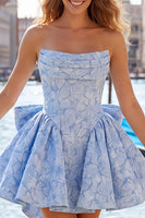 Load image into Gallery viewer, Bule Strapless Jacquard A-Line Short Cocktail Dress with Bow