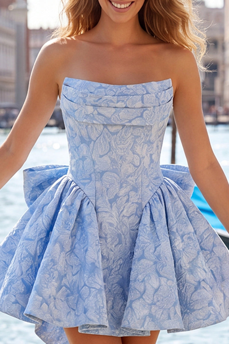 Load image into Gallery viewer, Bule Strapless Jacquard A-Line Short Cocktail Dress with Bow