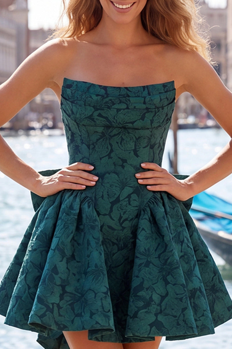Load image into Gallery viewer, Bule Strapless Jacquard A-Line Short Cocktail Dress with Bow