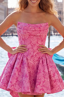 Load image into Gallery viewer, Bule Strapless Jacquard A-Line Short Cocktail Dress with Bow