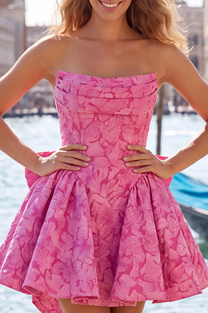 Load image into Gallery viewer, Bule Strapless Jacquard A-Line Short Cocktail Dress with Bow