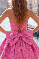 Load image into Gallery viewer, Bule Strapless Jacquard A-Line Short Cocktail Dress with Bow