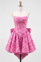 Load image into Gallery viewer, Bule Strapless Jacquard A-Line Short Cocktail Dress with Bow