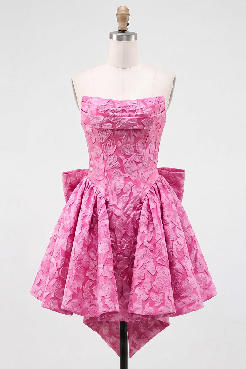 Load image into Gallery viewer, Bule Strapless Jacquard A-Line Short Cocktail Dress with Bow