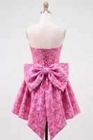 Load image into Gallery viewer, Bule Strapless Jacquard A-Line Short Cocktail Dress with Bow