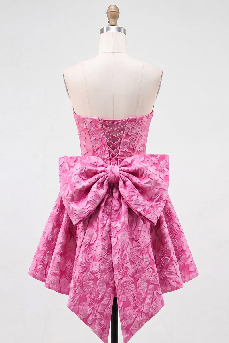 Load image into Gallery viewer, Bule Strapless Jacquard A-Line Short Cocktail Dress with Bow