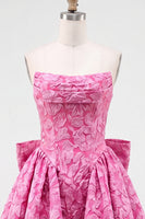 Load image into Gallery viewer, Bule Strapless Jacquard A-Line Short Cocktail Dress with Bow