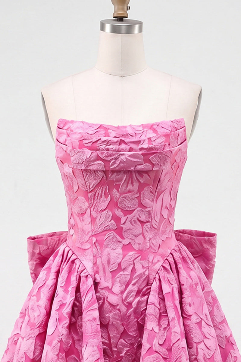 Load image into Gallery viewer, Bule Strapless Jacquard A-Line Short Cocktail Dress with Bow