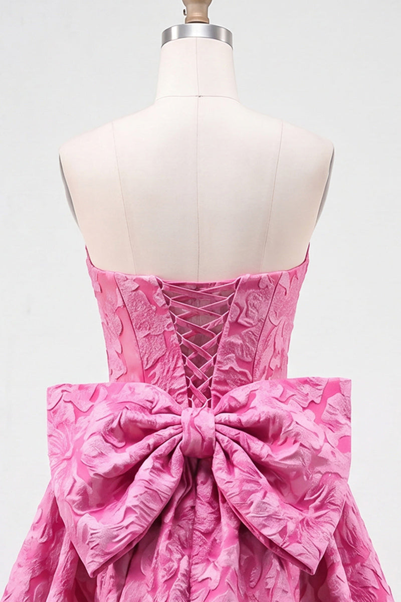 Load image into Gallery viewer, Bule Strapless Jacquard A-Line Short Cocktail Dress with Bow