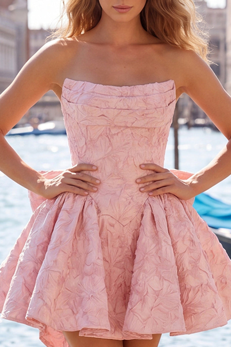 Load image into Gallery viewer, Bule Strapless Jacquard A-Line Short Cocktail Dress with Bow