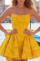 Load image into Gallery viewer, Bule Strapless Jacquard A-Line Short Cocktail Dress with Bow