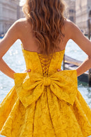 Load image into Gallery viewer, Bule Strapless Jacquard A-Line Short Cocktail Dress with Bow