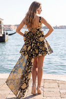 Load image into Gallery viewer, Gold and Black A-Line Short Cocktail Dress with Bow