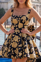 Load image into Gallery viewer, Gold and Black A-Line Short Cocktail Dress with Bow