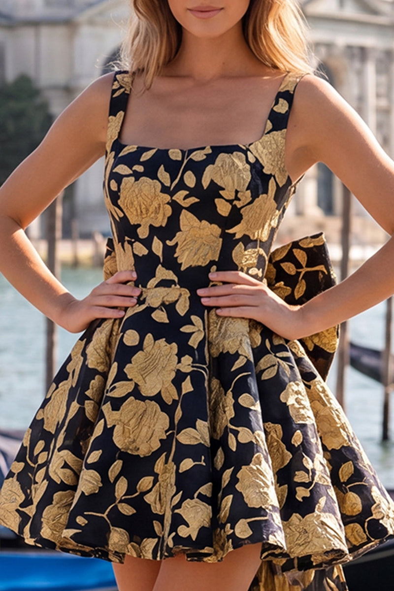 Load image into Gallery viewer, Gold and Black A-Line Short Cocktail Dress with Bow