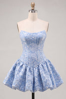 Load image into Gallery viewer, A-Line Floral Pink Jacquard Corset Short Cocktail Dress