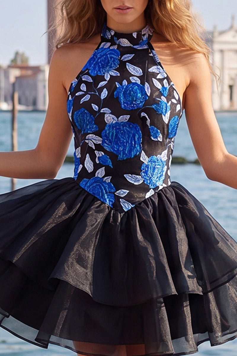 Load image into Gallery viewer, Blue Floral High Neck Ruffled Tiered Short Cocktail Dress