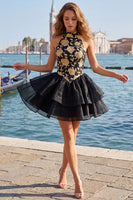 Load image into Gallery viewer, Blue Floral High Neck Ruffled Tiered Short Cocktail Dress