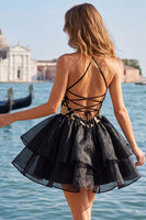 Load image into Gallery viewer, Blue Floral High Neck Ruffled Tiered Short Cocktail Dress