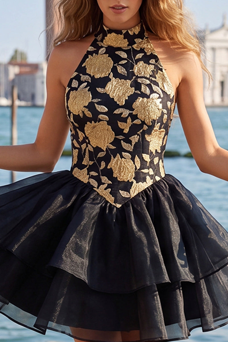 Load image into Gallery viewer, Blue Floral High Neck Ruffled Tiered Short Cocktail Dress