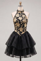 Load image into Gallery viewer, Blue Floral High Neck Ruffled Tiered Short Cocktail Dress