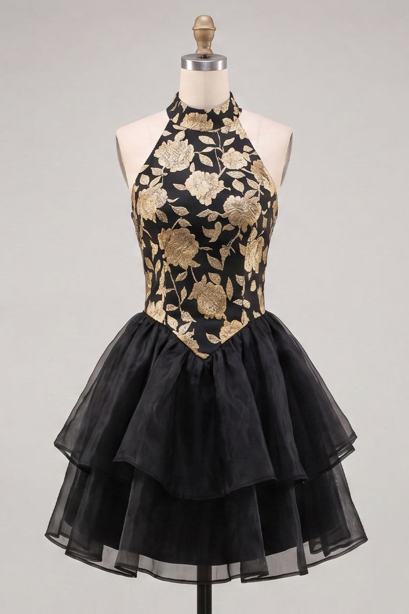 Load image into Gallery viewer, Blue Floral High Neck Ruffled Tiered Short Cocktail Dress
