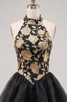 Load image into Gallery viewer, Blue Floral High Neck Ruffled Tiered Short Cocktail Dress