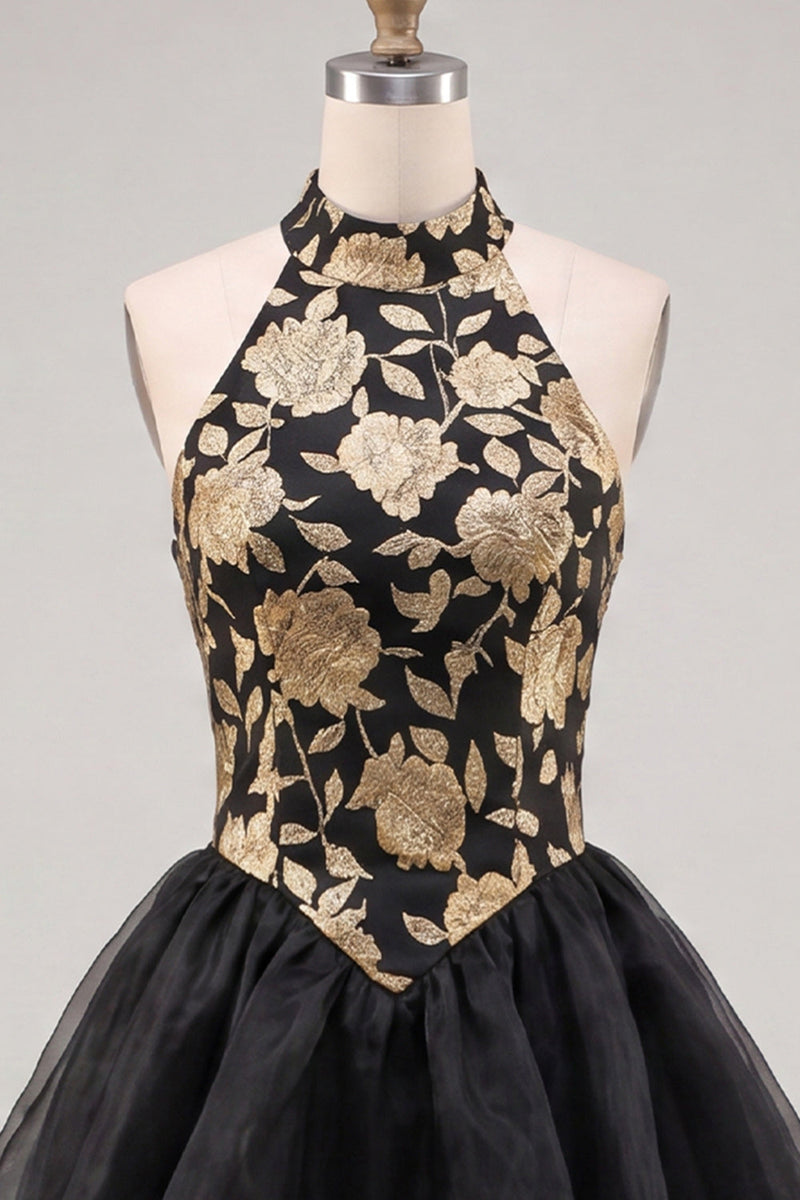 Load image into Gallery viewer, Blue Floral High Neck Ruffled Tiered Short Cocktail Dress