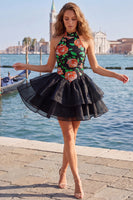 Load image into Gallery viewer, Blue Floral High Neck Ruffled Tiered Short Cocktail Dress