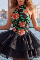 Load image into Gallery viewer, Blue Floral High Neck Ruffled Tiered Short Cocktail Dress