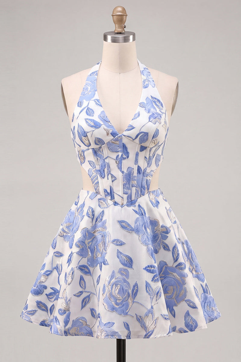 Load image into Gallery viewer, Floral Lilac Corset Halter Neck Cut Out Short Cocktail Dress