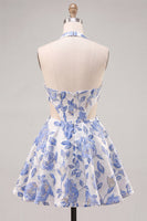 Load image into Gallery viewer, Floral Lilac Corset Halter Neck Cut Out Short Cocktail Dress