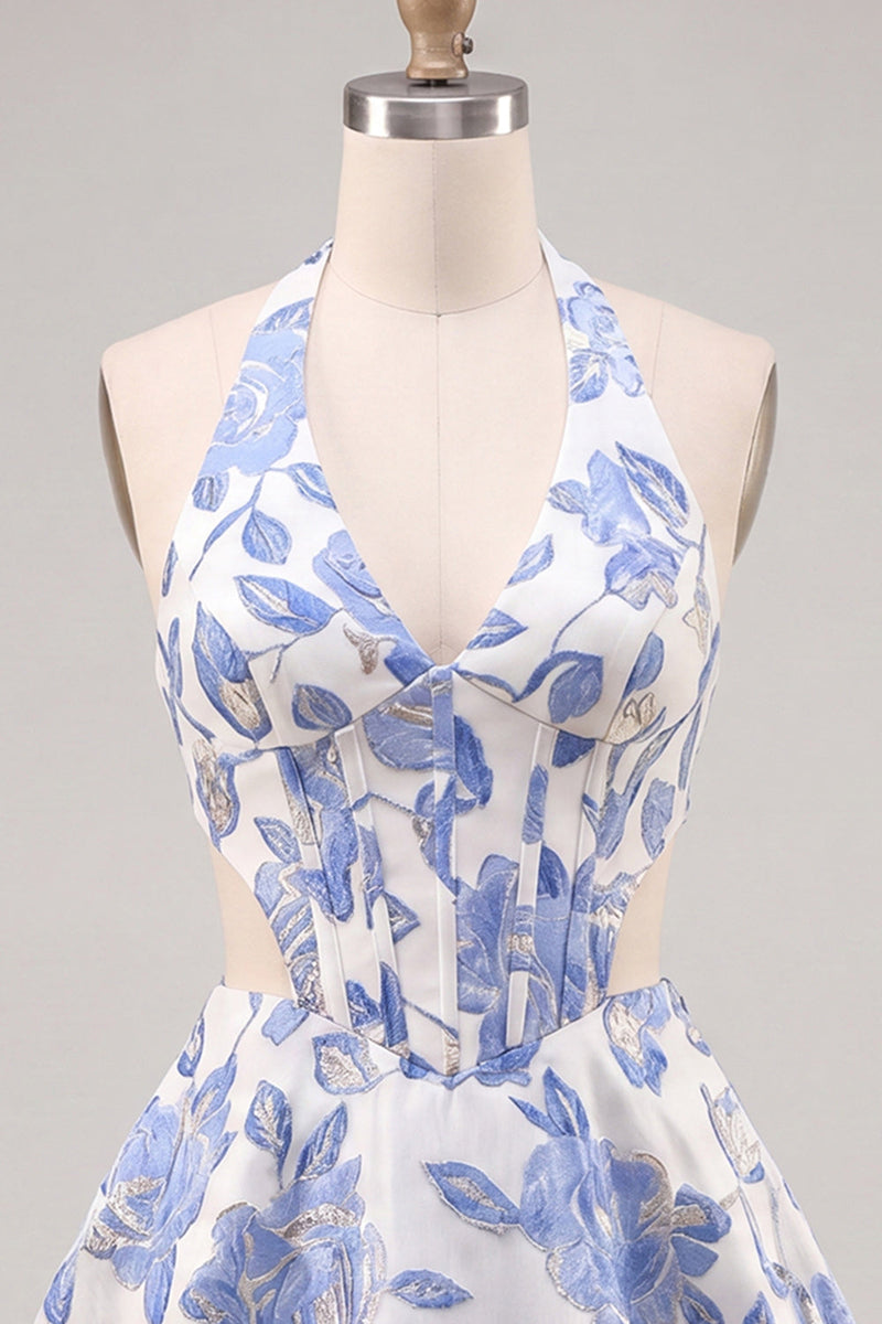 Load image into Gallery viewer, Floral Lilac Corset Halter Neck Cut Out Short Cocktail Dress