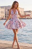 Load image into Gallery viewer, Floral Lilac Corset Halter Neck Cut Out Short Cocktail Dress