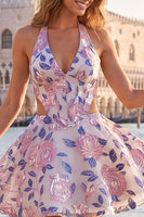 Load image into Gallery viewer, Floral Lilac Corset Halter Neck Cut Out Short Cocktail Dress