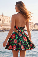 Load image into Gallery viewer, Floral Lilac Corset Halter Neck Cut Out Short Cocktail Dress