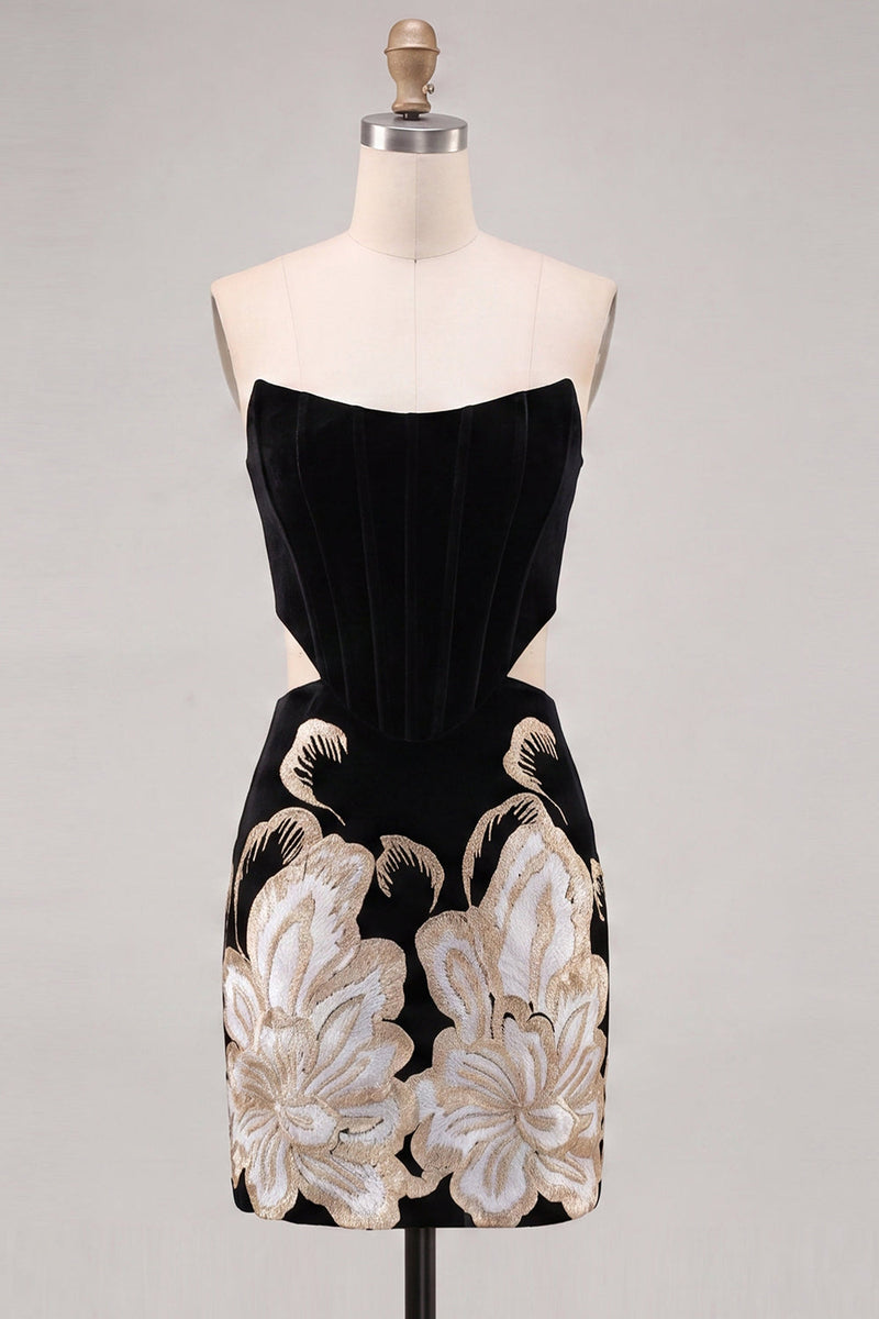 Load image into Gallery viewer, Floral Black Cut Out Corset Tight Strapless Short Cocktail Dress