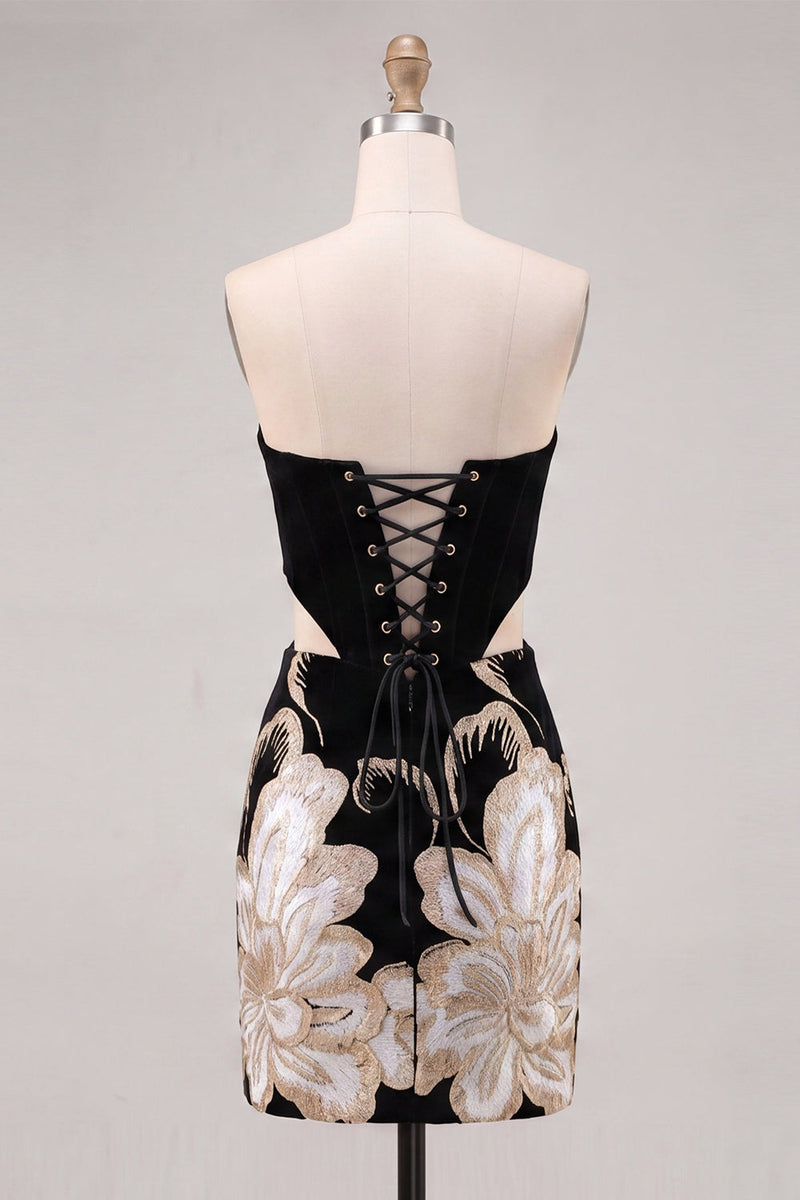 Load image into Gallery viewer, Floral Black Cut Out Corset Tight Strapless Short Cocktail Dress