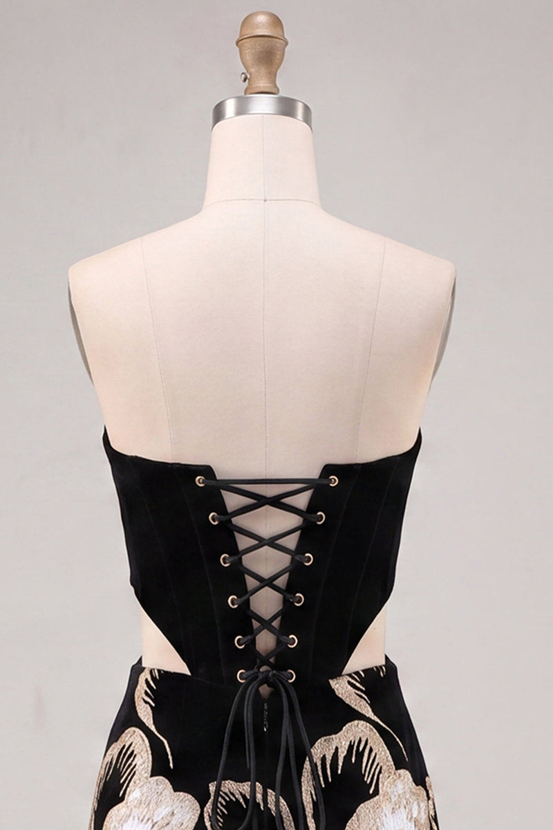 Load image into Gallery viewer, Floral Black Cut Out Corset Tight Strapless Short Cocktail Dress