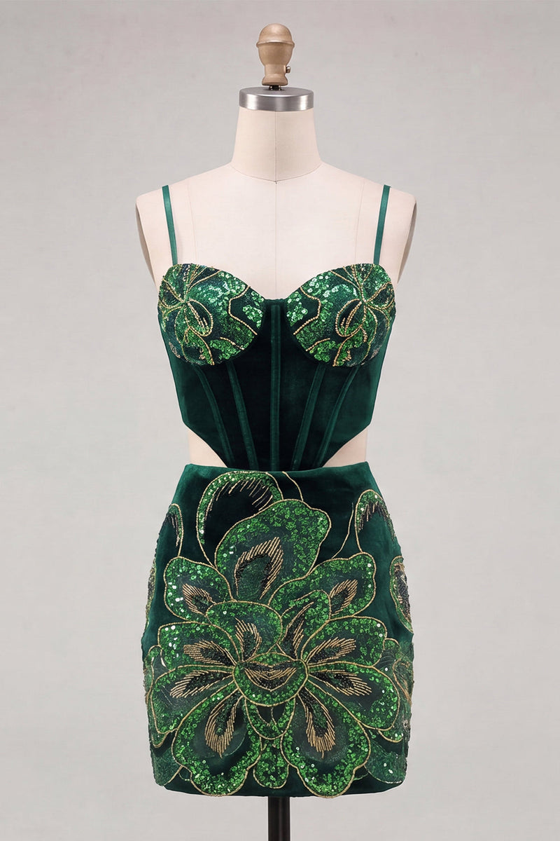 Load image into Gallery viewer, Sparkly Floral Sequins Velvet Blue Corset Tight Short Cocktail Dress