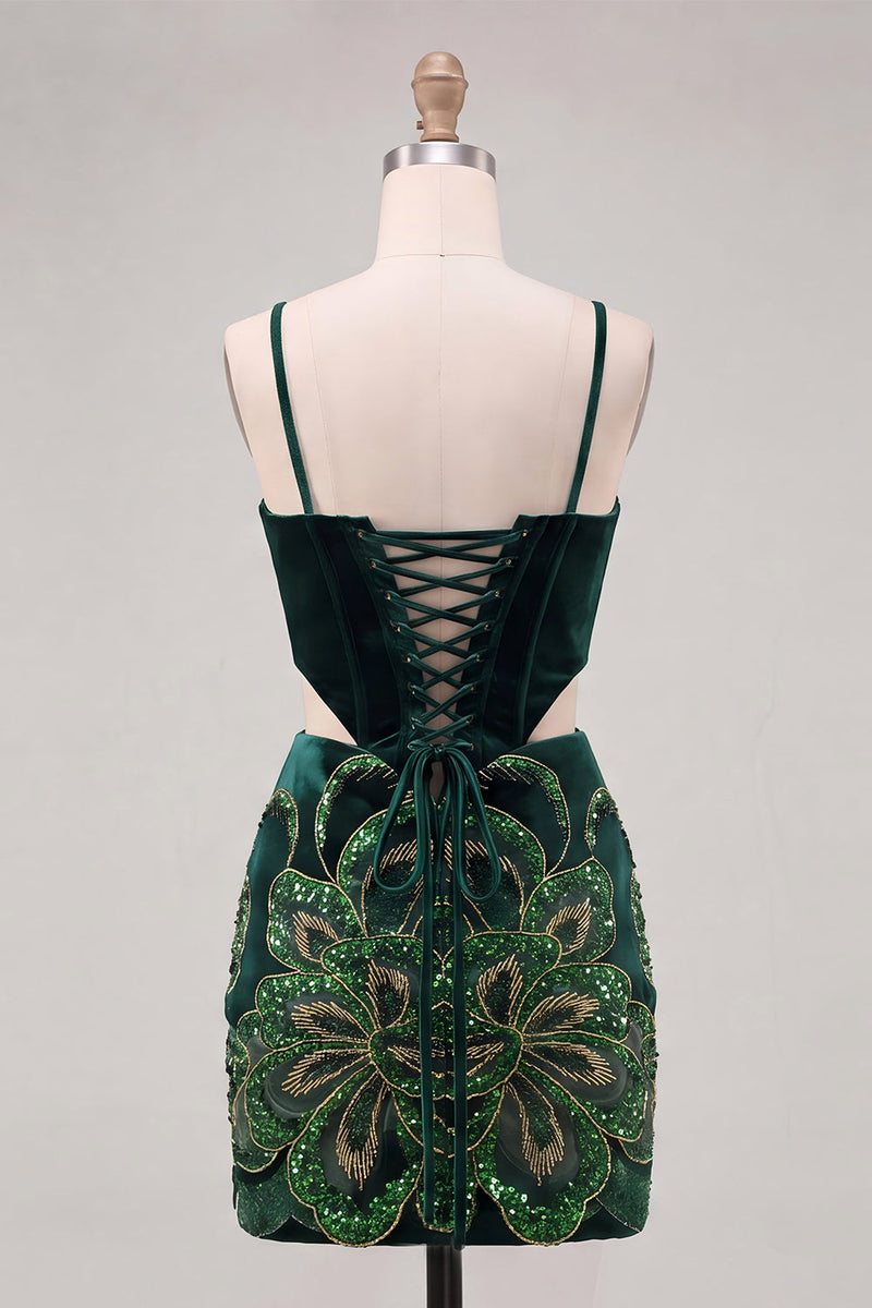 Load image into Gallery viewer, Sparkly Floral Sequins Velvet Blue Corset Tight Short Cocktail Dress