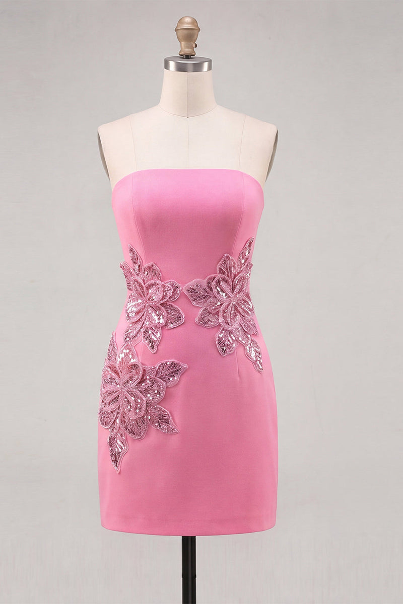 Load image into Gallery viewer, Red Floral Strapless Sparkly Tight Short Cocktail Dress with Sequins